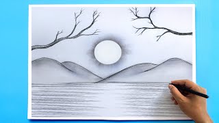 How to Draw a simple Landscape  Easy Pencil Drawing [upl. by Refinnaj315]