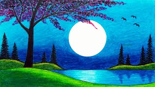 How to Draw Beautiful Moonlight Over the Lake Scenery  Oil Pastels Scenery Drawing [upl. by Violante]