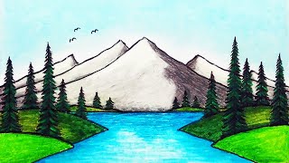 How to Draw Beautiful Mountain Lake  Easy Scenery Drawing [upl. by Garvy]