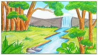 How to draw scenery of rainforest step by step [upl. by Yatnahc]